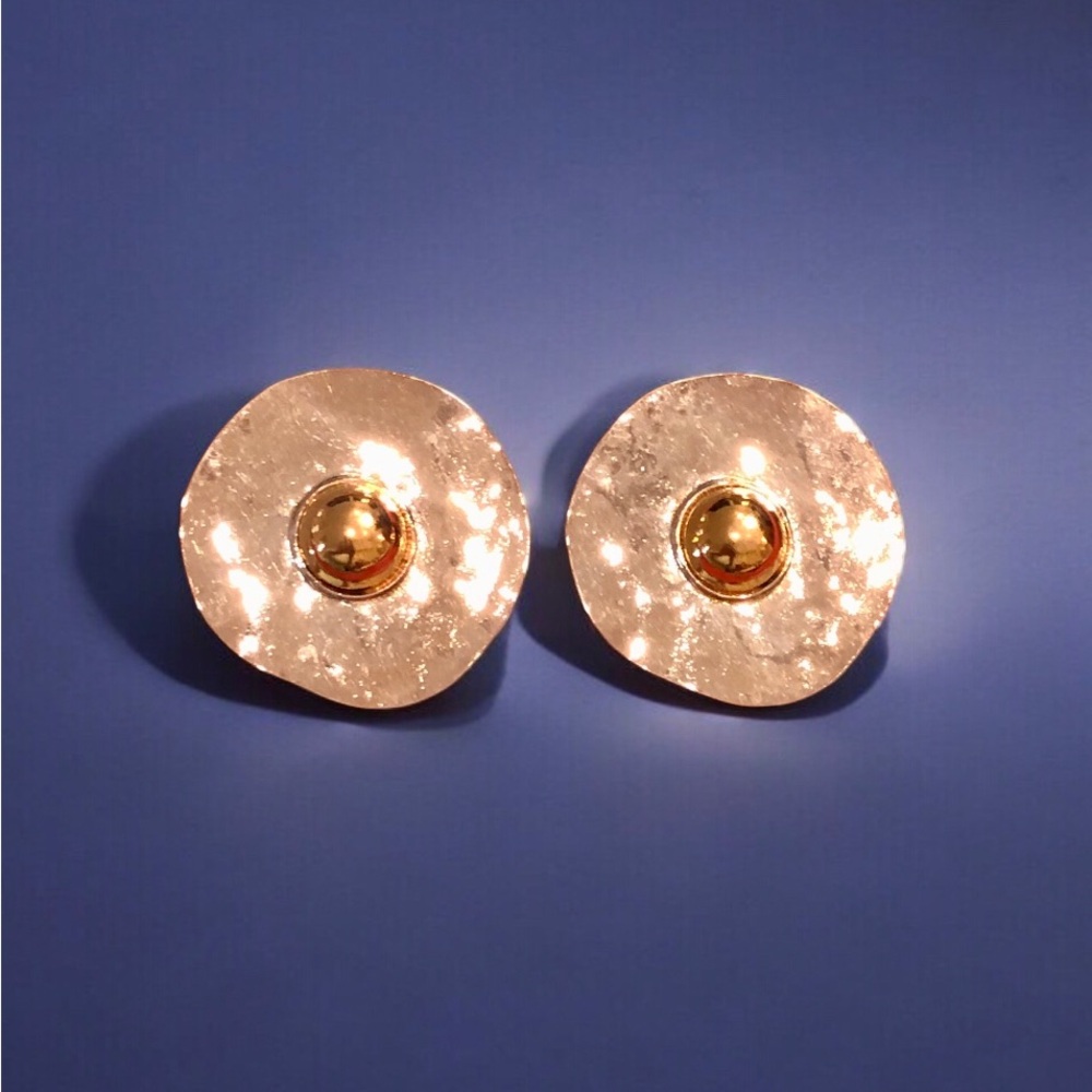 Vintage Large Round Silver Gold Toned Discs Pierced Earrings